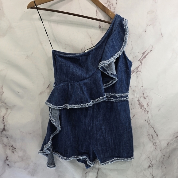 Alexis Blakely Romper Womens Large Chambray Denim Ruffle One Shoulder - Picture 4 of 15